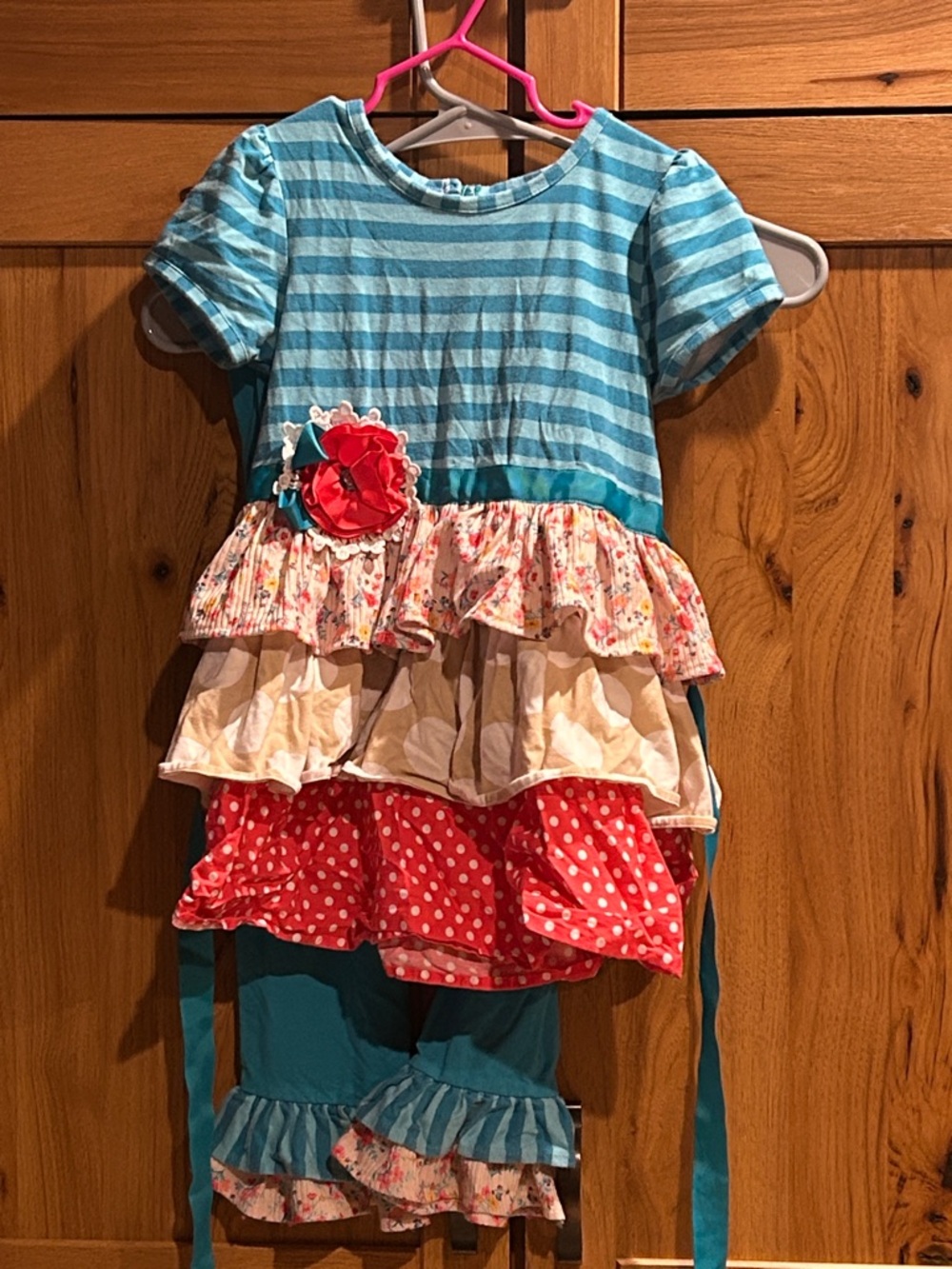 Girls Teal Striped Ruffle Matching Set with Red Accent